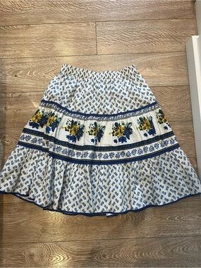 Rouje Cotton Tiered Midi Skirt with Blue & Yellow Print